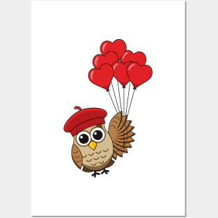Cute Owl Flying with Heart Balloons Posters and Art